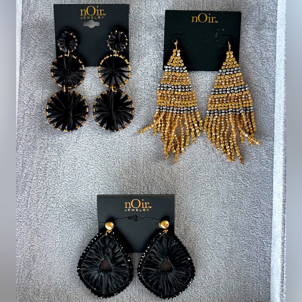 NWT Lot of 3 nOir Jewelry Black and Gold Dangle & Tassel Earrings Set